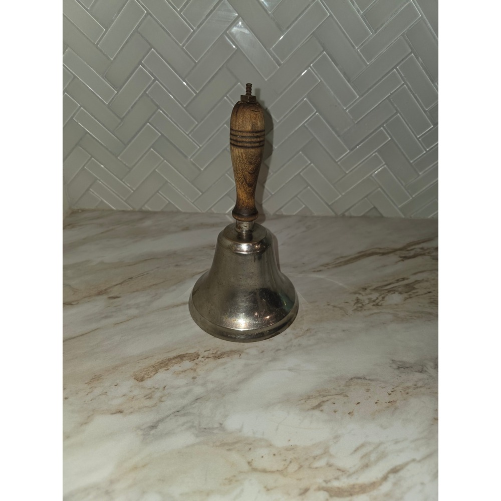 Vintage Silver Metal school  Bell with Wooden Handle .